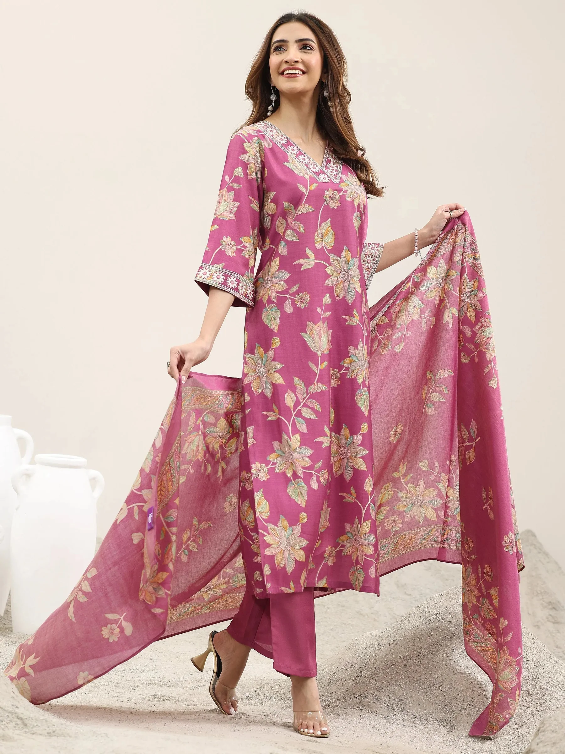 Rose Pink Floral Printed Ethnic Suit Set with Dupatta