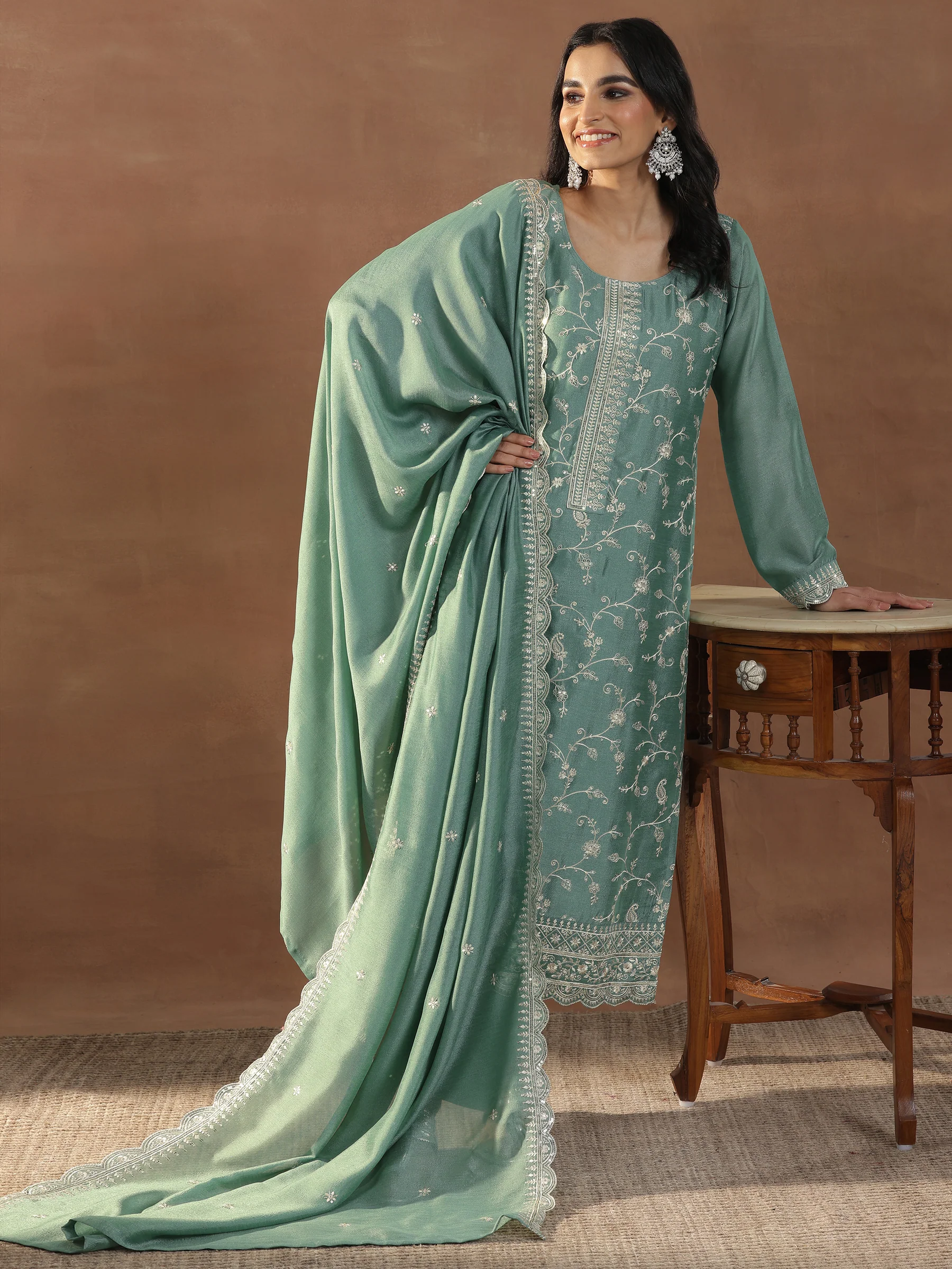Sage Green Embroidered Kurta Set with Dupatta