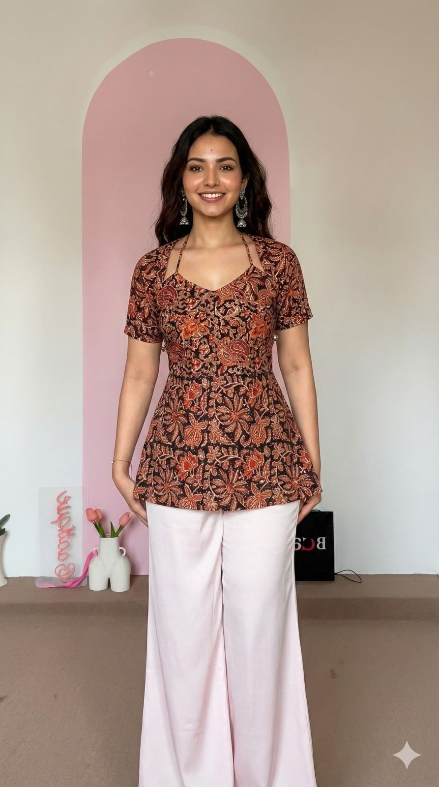 Brown Floral Printed Peplum Top with Palazzo Set