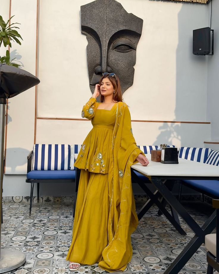 Mustard Yellow Peplum Sharara Set