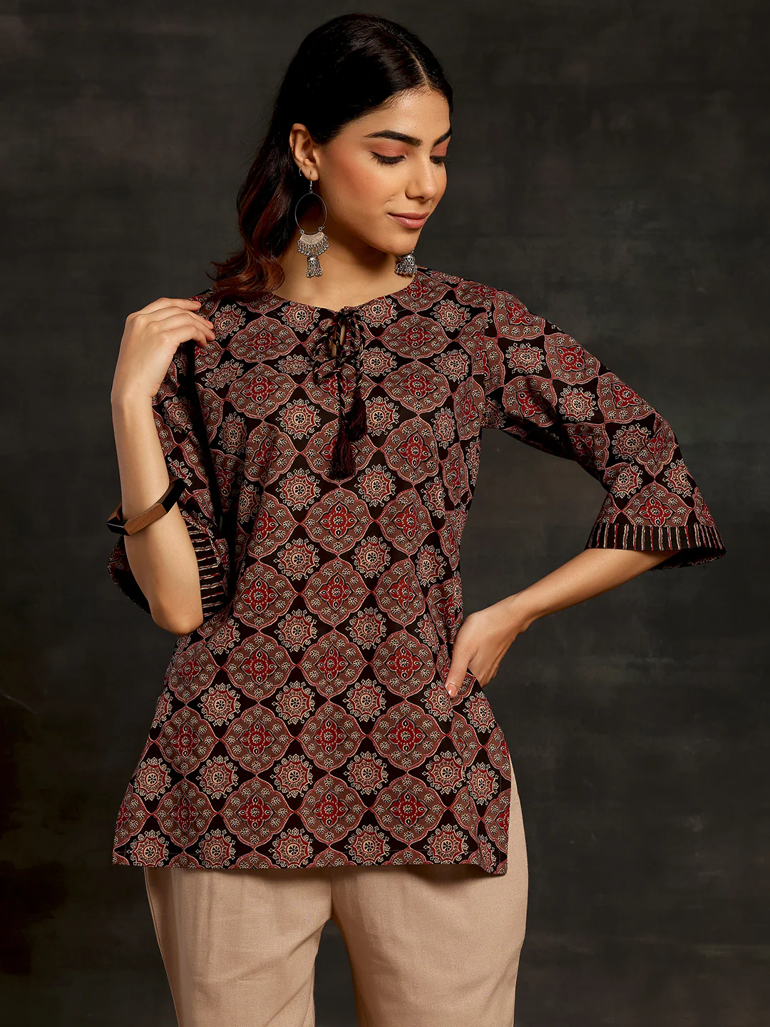 Elegant Printed Lace-Up Kurti Top