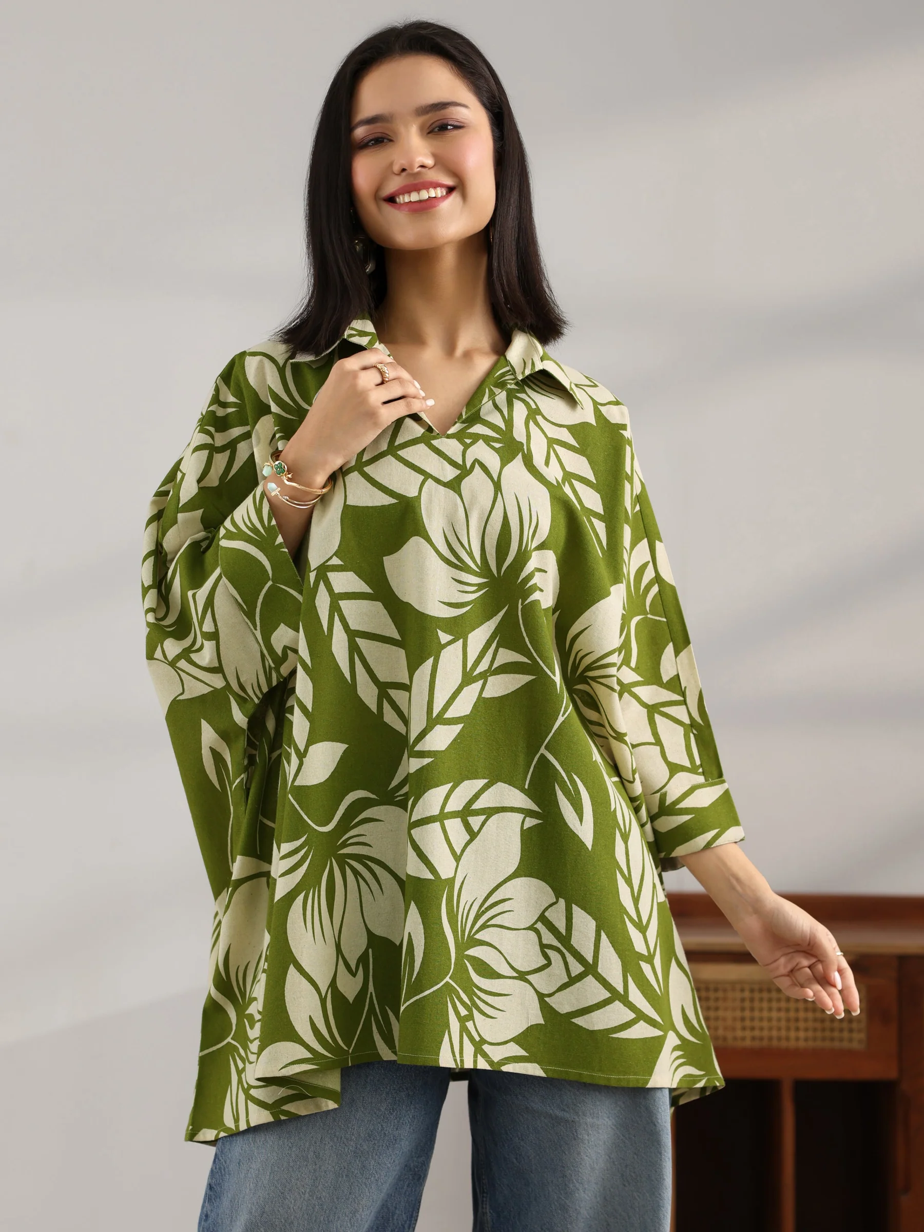 Green Floral Oversized Kaftan Top