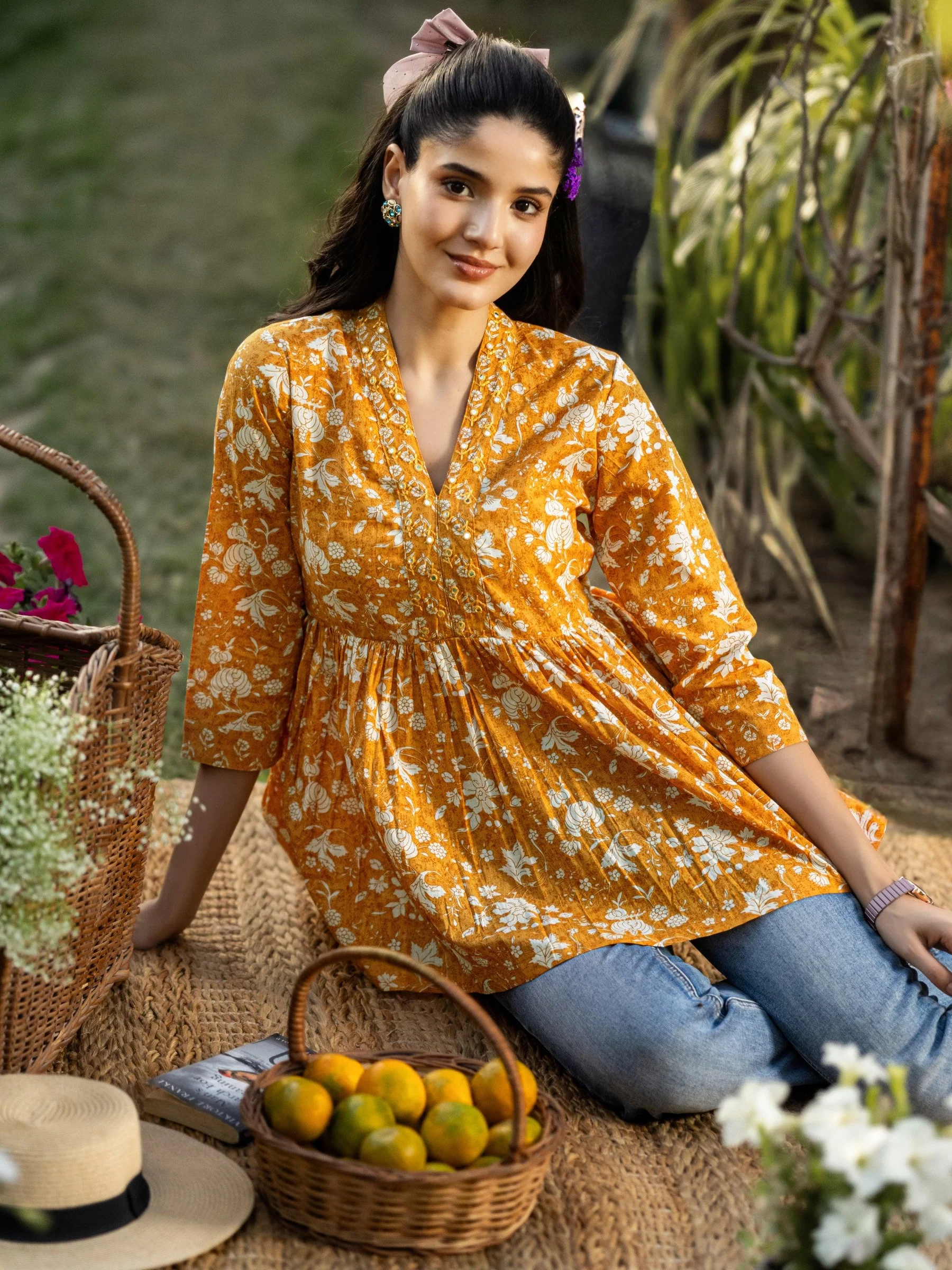 Mustard Floral Gathered Tunic Top